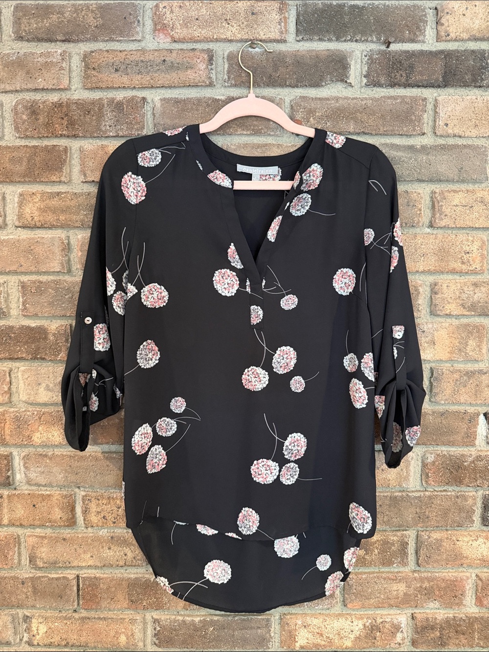 Daniel Rainn Black Floral V-Neck Roll Sleeve Tunic
